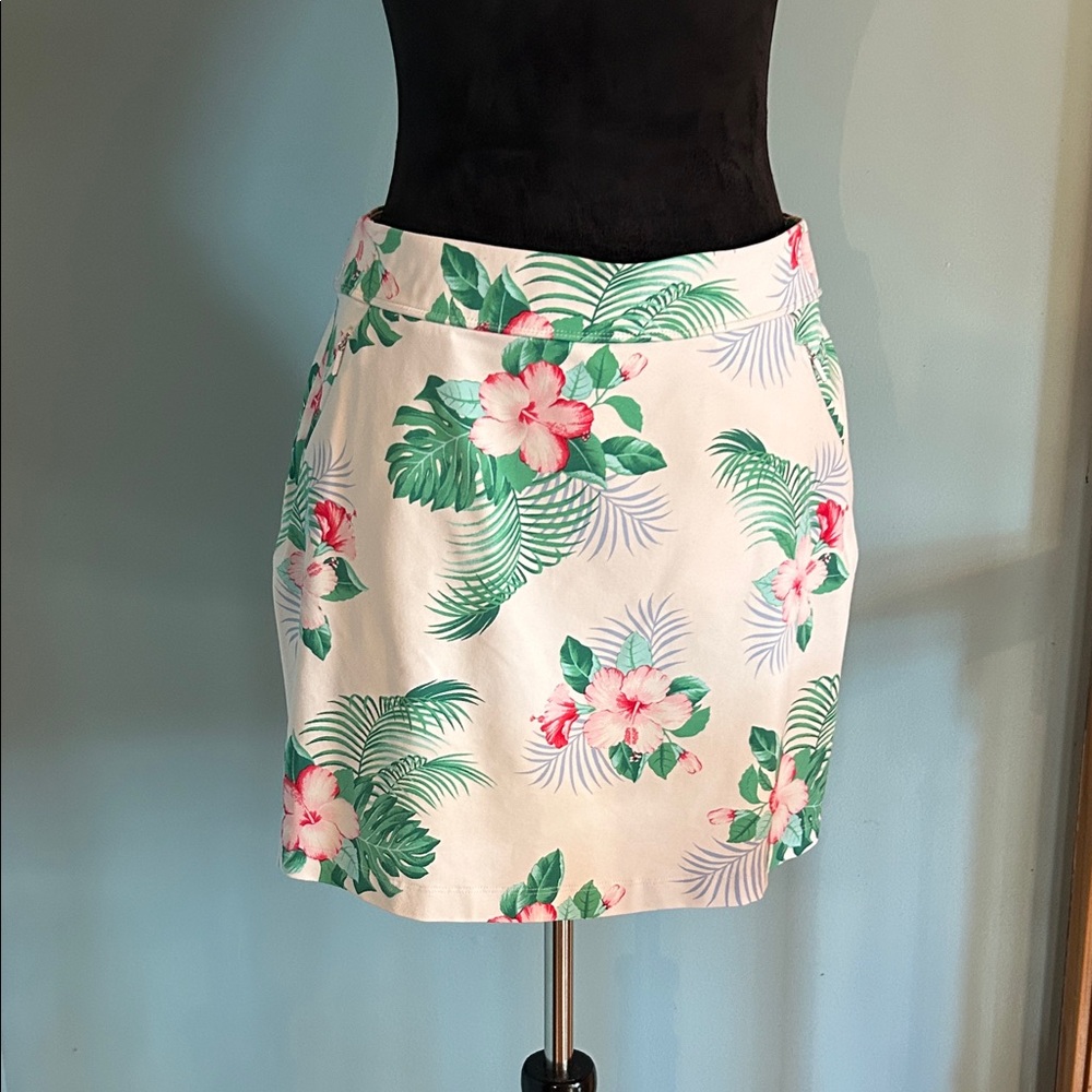 Tommy Bahama White Floral Tropical skirt with Green Leaves and Pink Flowers